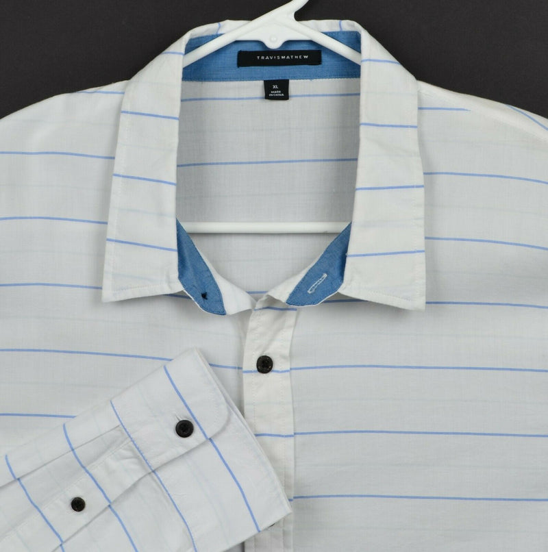 Travis Mathew Men's Sz XL White Blue Striped Button-Front Casual Shirt