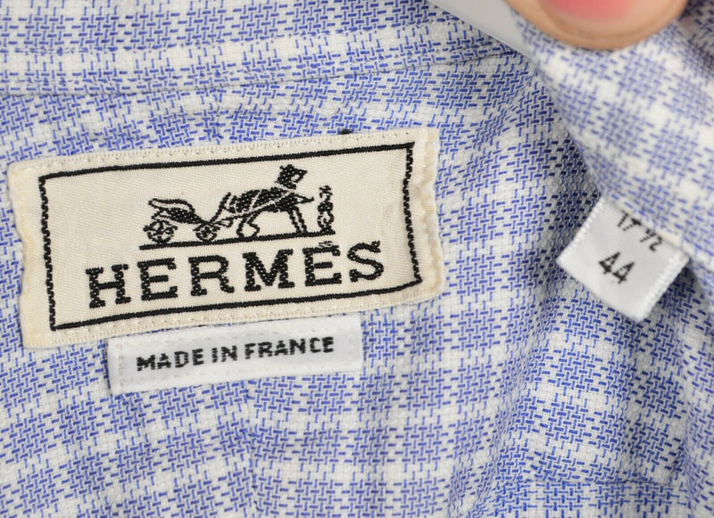 Hermes Men's 17.5/44 Blue Plaid Made in France Button-Down Dress Shirt