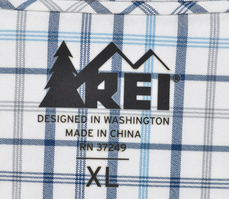 REI Men's XL Vented White Blue Plaid Hiking Travel Outdoor Button-Front Shirt