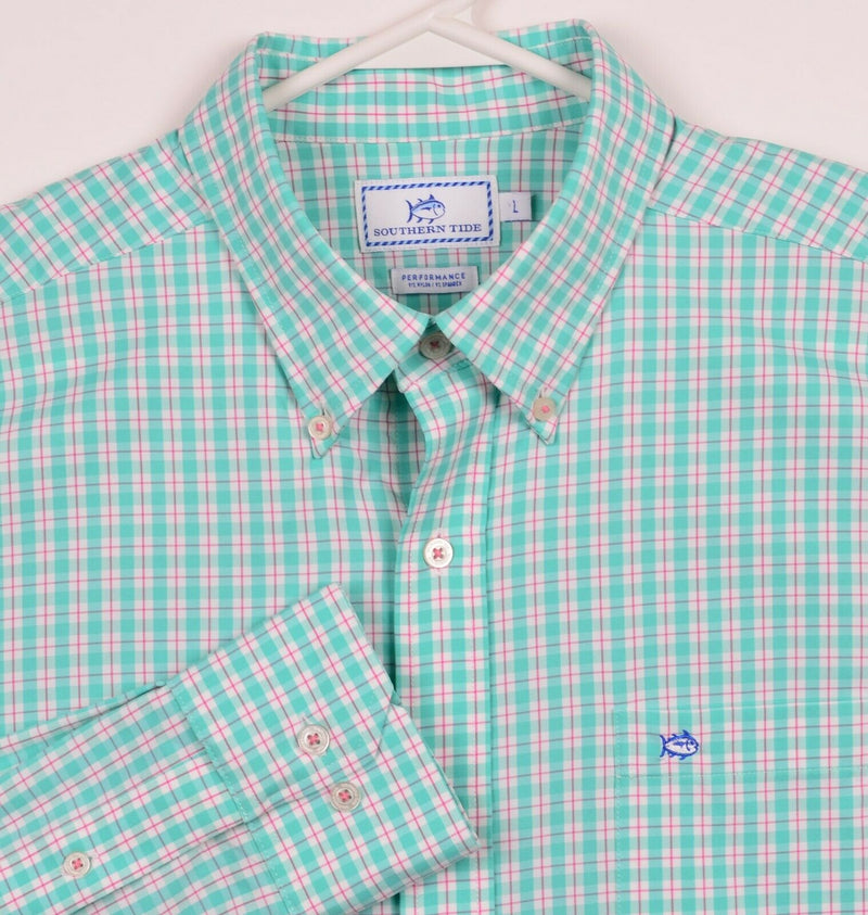 Southern Tide Performance Mens Large Nylon Spandex Green Plaid Button-Down Shirt