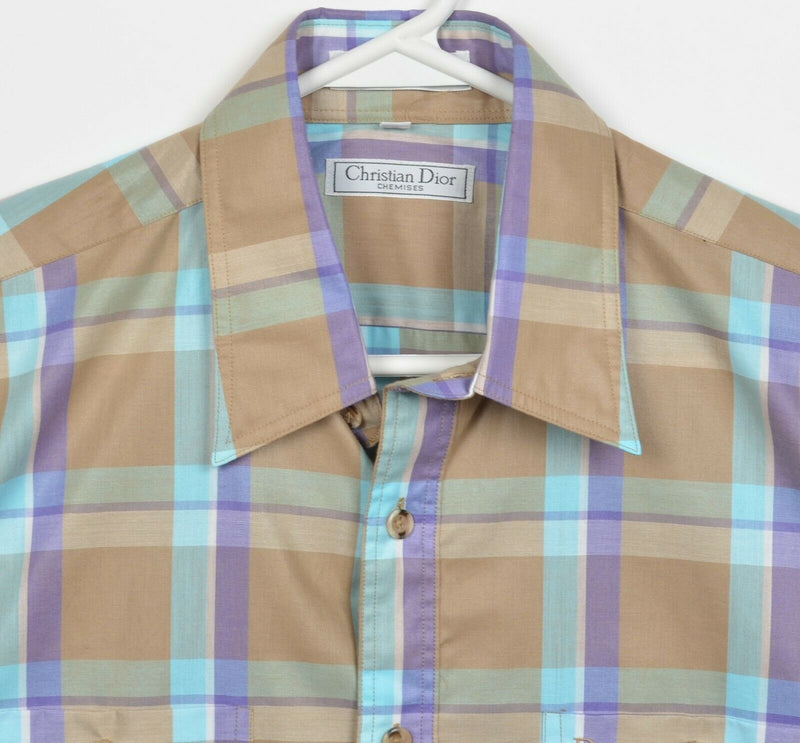 Vintage 80s Christian Dior Chemise Men's Medium Brown Purple Aqua Plaid Shirt