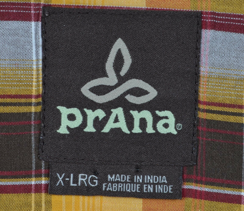 Prana Men's XL Pearl Snap Brown Golden Yellow Plaid Western Short Sleeve Shirt