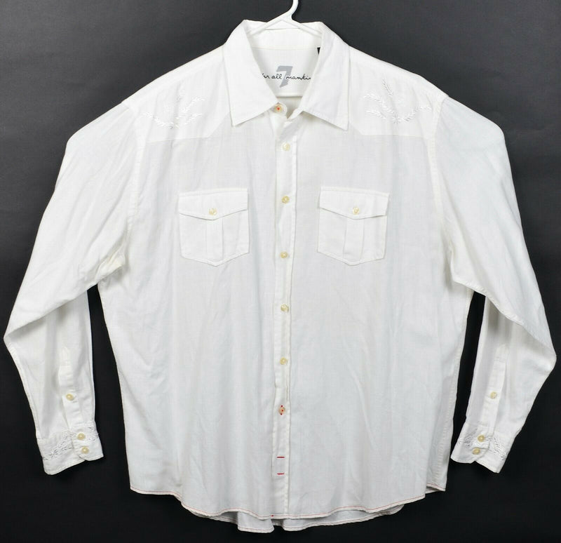 7 For All Mankind Men's XL Linen Blend White Embroidered Boho Resortwear Shirt