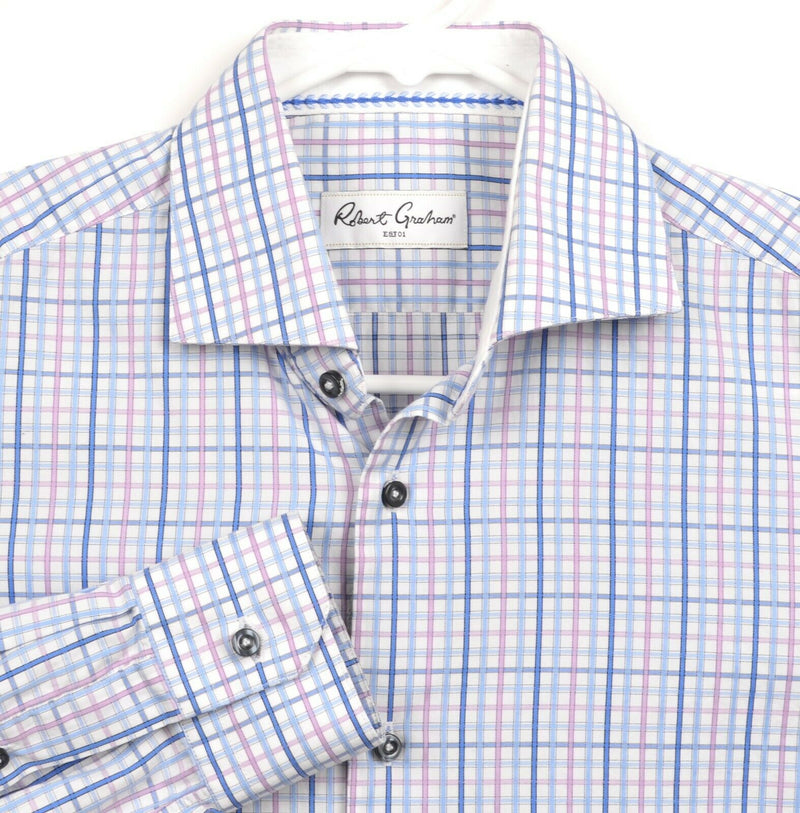 Robert Graham Men's Sz 15/38 Blue Pink Plaid Spread Collar Dress Shirt