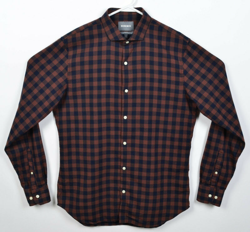 Bonobos Men Large Long Tailored Slim Brown Navy Buffalo Plaid Button-Front Shirt