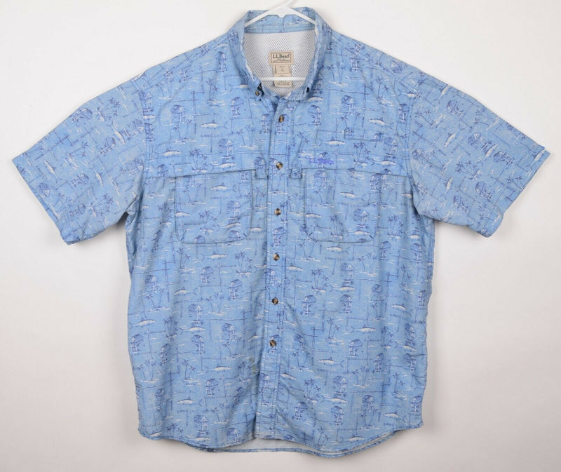 LL Bean Men's Sz Large Regular Vented Fish Tiki Hut Pattern Fishing Hiking Shirt