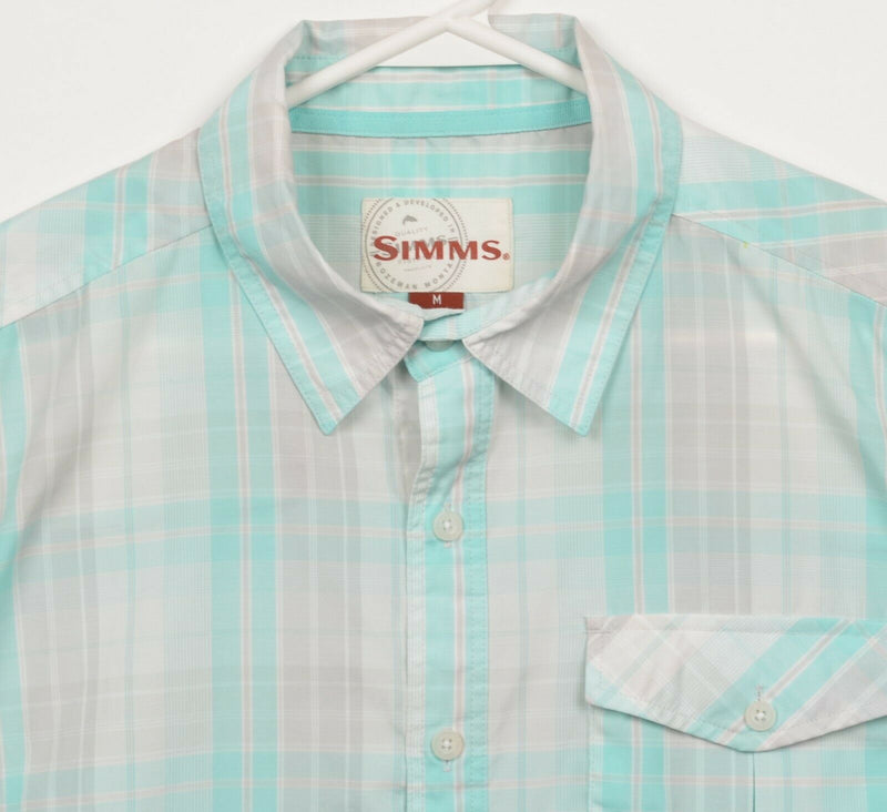 Simms Fishing Men's Medium Blue Gray Plaid Cotton Polyester Button-Front Shirt