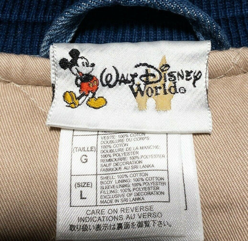 Disney Denim Jacket Vintage Bomber Adult Large Snap Mickey Mouse USA Varsity