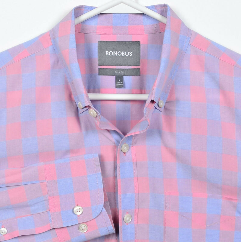 Bonobos Men's Large Slim Fit Pink Blue Check Long Sleeve Button-Down Shirt