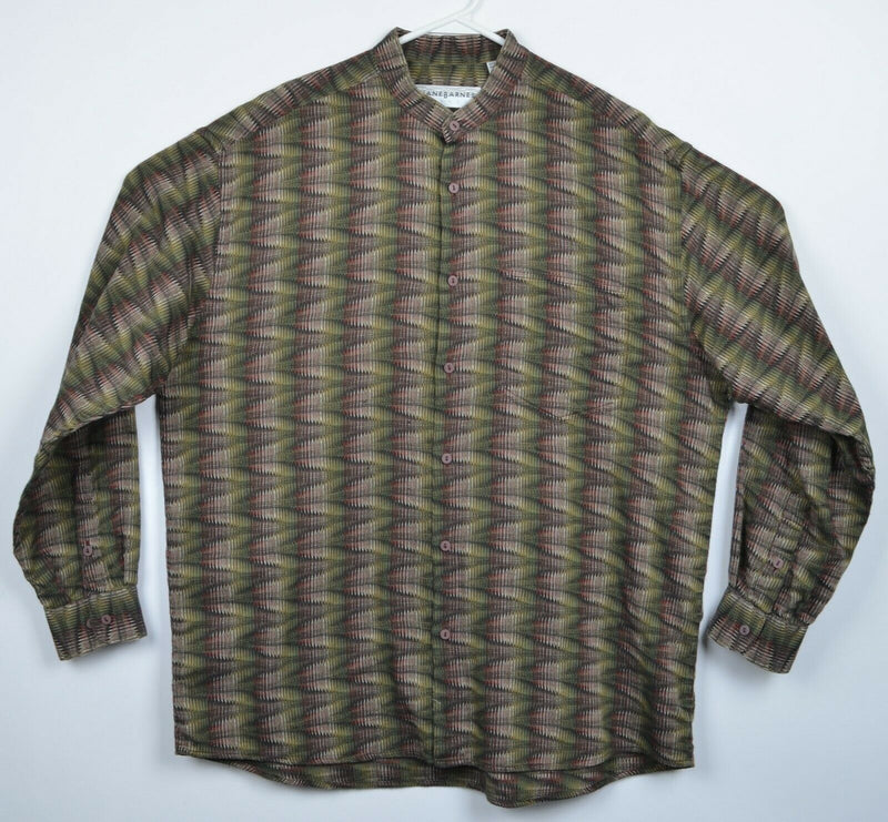 Jhane Barnes Men's Large Band Collar Green Zig-Zag Button-Front Party Shirt