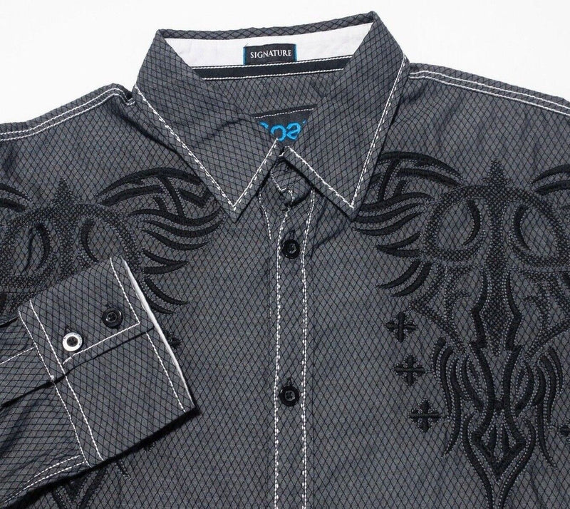 Roar Signature Shirt Large Men's Tribal Embroidered Long Sleeve Charcoal Gray