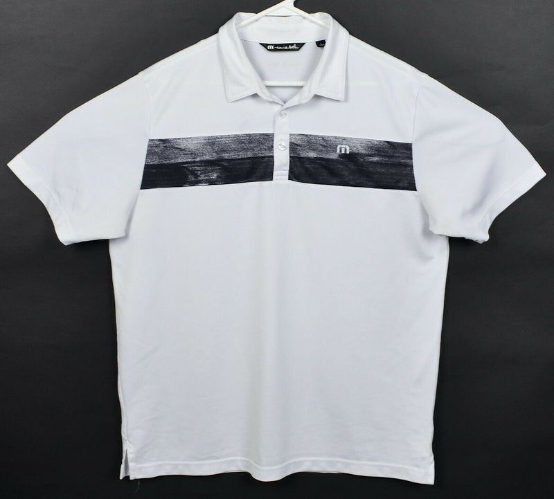 Travis Mathew Men's Large White Black Gray Chest Striped Wicking Golf Polo Shirt