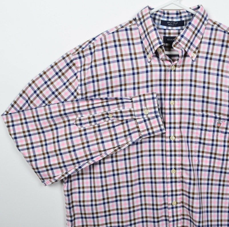 GANT Men's Large Regular Fit "80's Twill" Pink Blue Check Button-Down Shirt