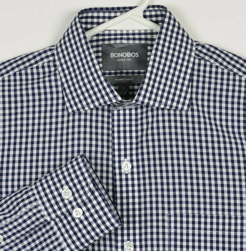 Bonobos Wrinkle-Free Men's 15/33 Tailored Slim Fit Navy Blue Gingham Dress Shirt