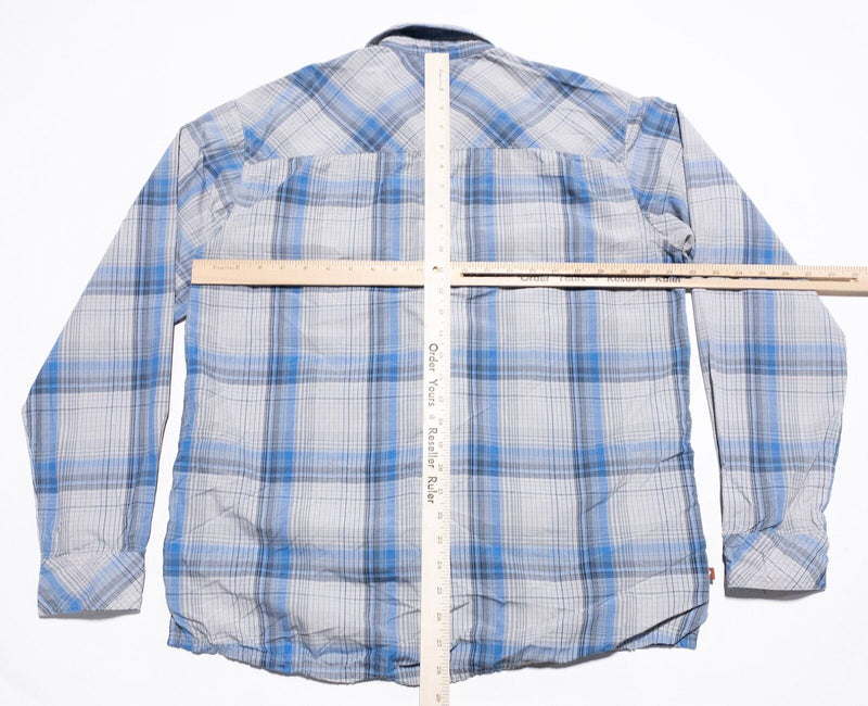 Simms Fishing Shirt Men's Medium Guide Series Button-Up Blue Gray Plaid Wicking