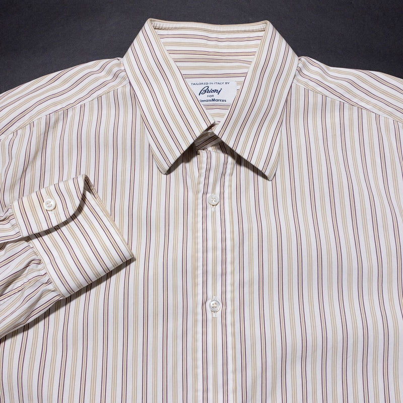 Brioni Dress Shirt Men's 16.5 Large Beige White Striped Button-Front Long Sleeve