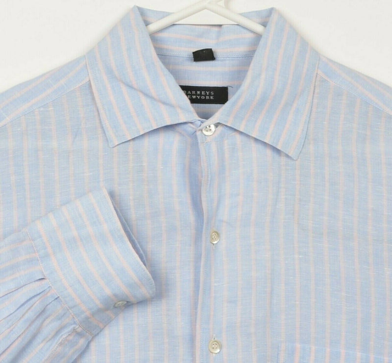 Barneys New York Men's Medium 100% Linen Blue Pink Striped Italian Shirt