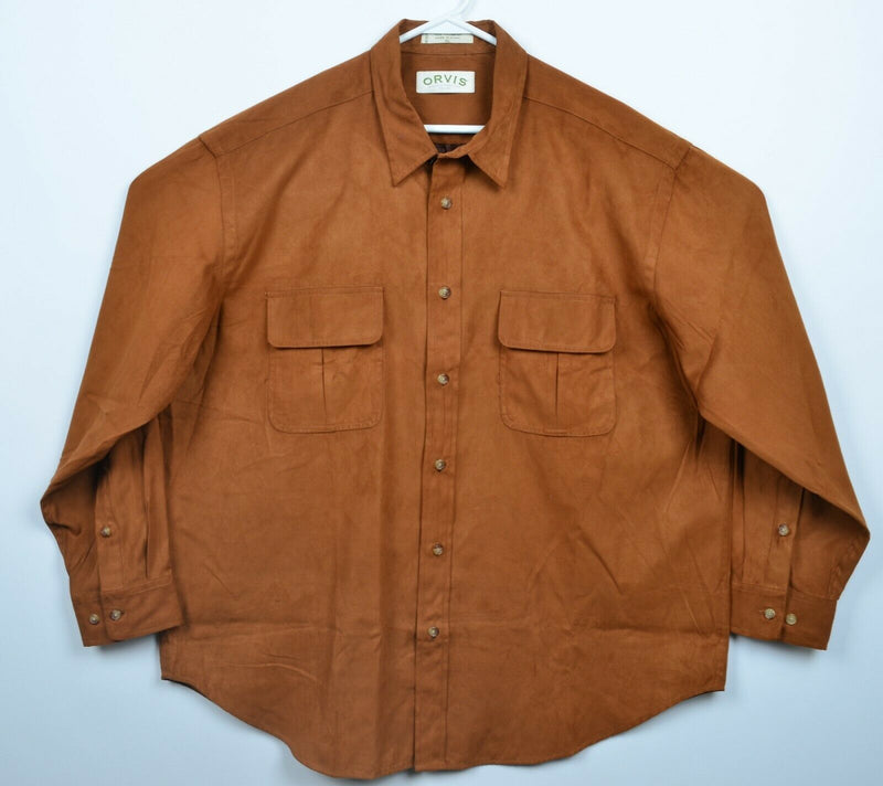 Orvis Men's XL Suede Style (Polyester) Brown Long Sleeve Button-Front Shirt