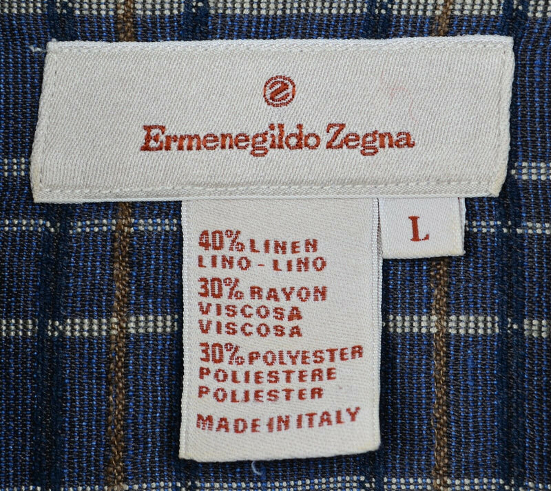 Ermenegildo Zegna Men's Large Linen Rayon Blend Blue Plaid Made in Italy Shirt