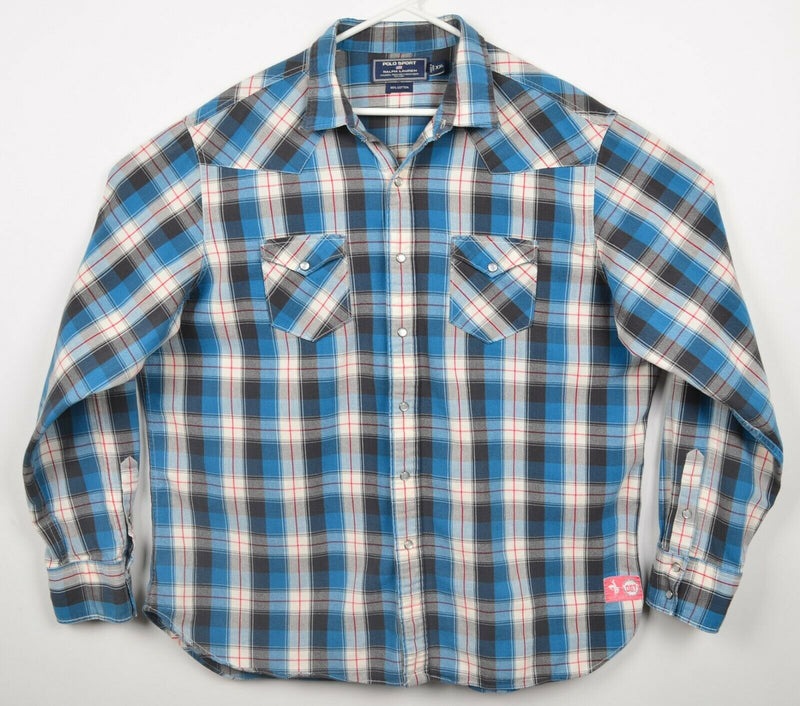 Polo Sport Ralph Lauren Men's 2XL Pearl Snap Blue Plaid Western Flannel Shirt