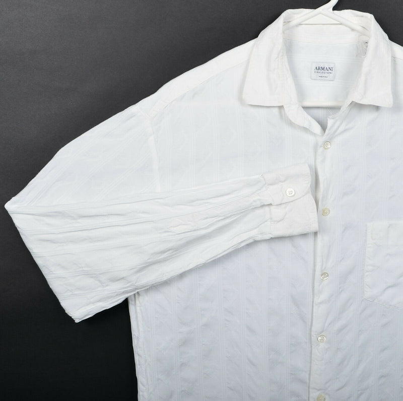 Armani Collezioni Men's Medium Solid White Cotton Viscose Button-Front Shirt