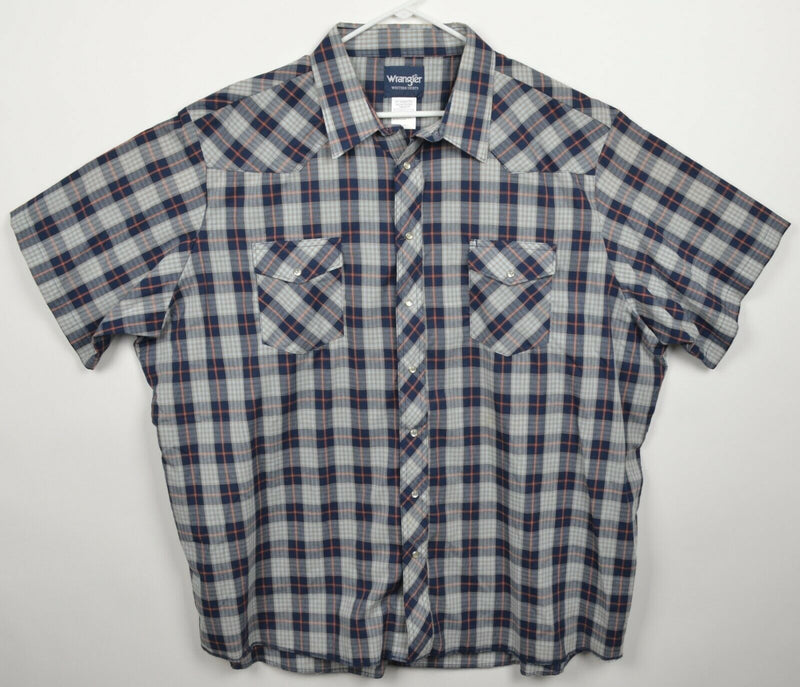 Wrangler Men's 3XLT Pearl Snap Navy Blue Gray Plaid Short Sleeve Western Shirt