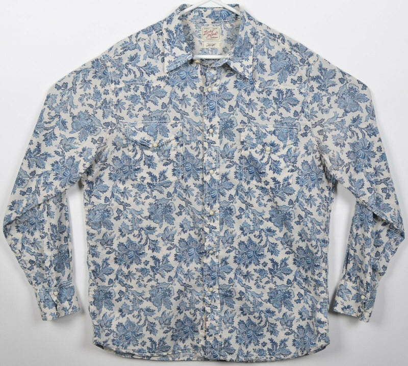 Lucky Brand Men's Large Pearl Snap Blue White Floral Western Rockabilly Shirt
