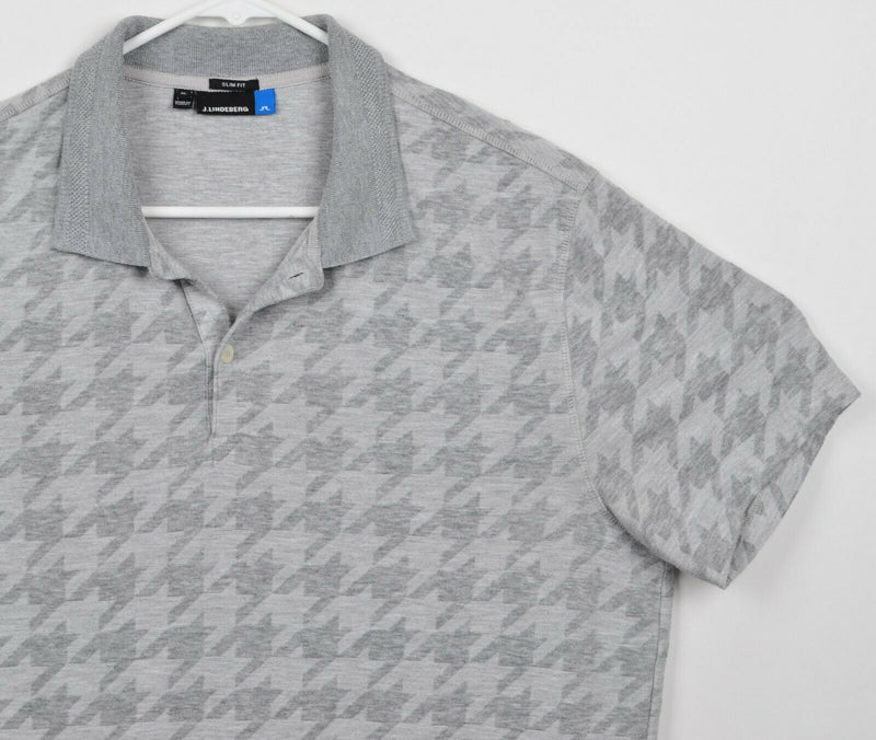 J. Lindeberg Men's XL Slim Fit Gray Houndstooth Plaid Golf Polo Jacquard Shirt