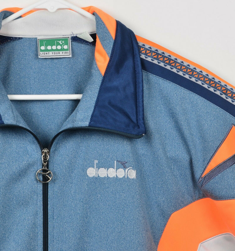Vintage 90s Diadora Men's 44 (XL) Geometric Blue Orange Tape Arm Track Jacket