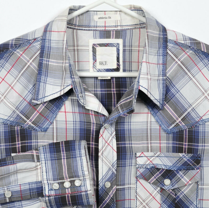 BKE Buckle Men's Medium Athletic Fit Pearl Snap Blue Gray Plaid Rockabilly Shirt