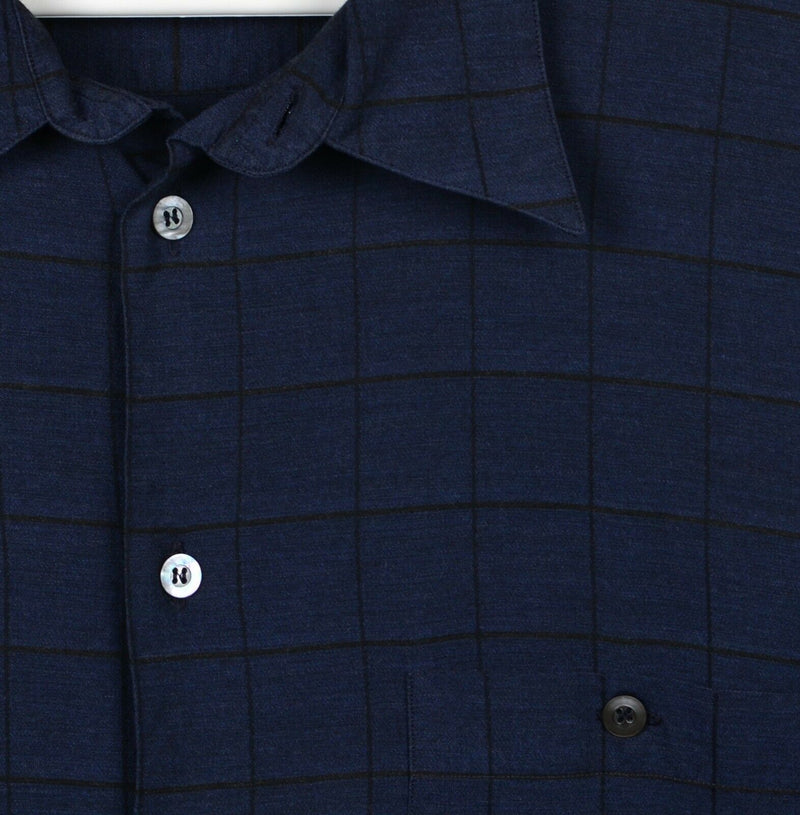 Ermenegildo Zegna Men's XL Navy Blue Plaid Cotton Rayon Italy Button-Front Shirt