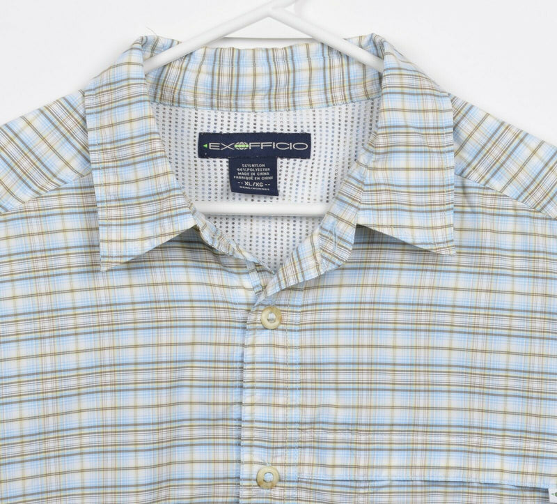 ExOfficio Men's XL Vented Blue Plaid Travel Fishing Nylon Button-Front Shirt