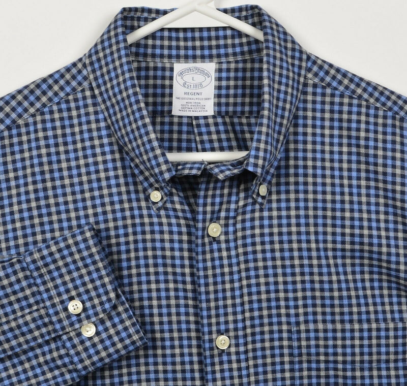 Brooks Brothers Men's Large Blue Gray Check Non-Iron Regent Button-Down Shirt