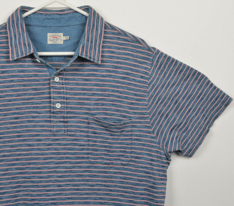 Faherty Brand Men's Large Blue Pink Striped Indigo Dyed Pocket Polo Shirt