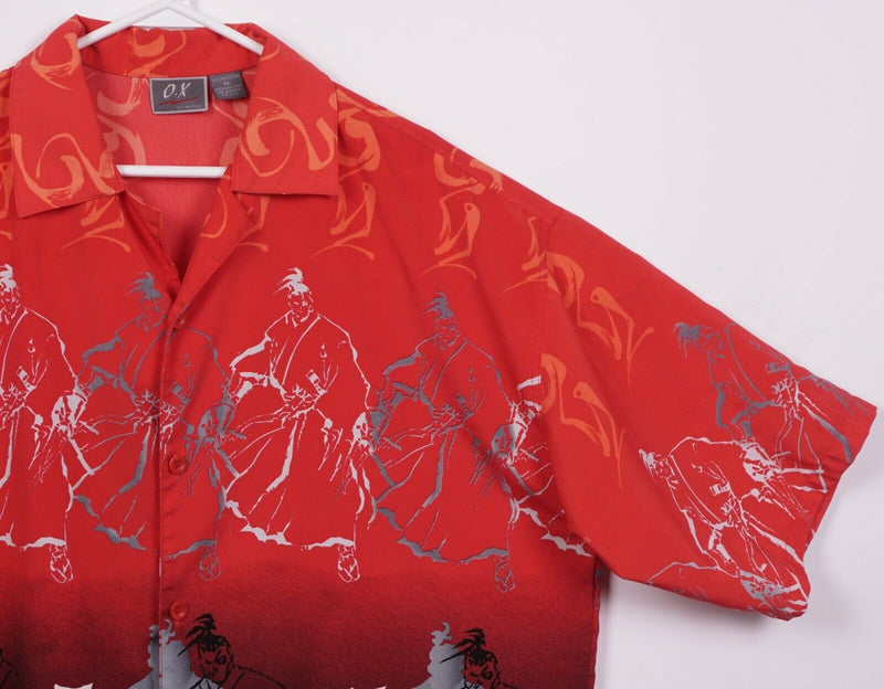 Vintage 90s Samurai Men's XL Asian Anime Red O.X Polyester Hawaiian Camp Shirt