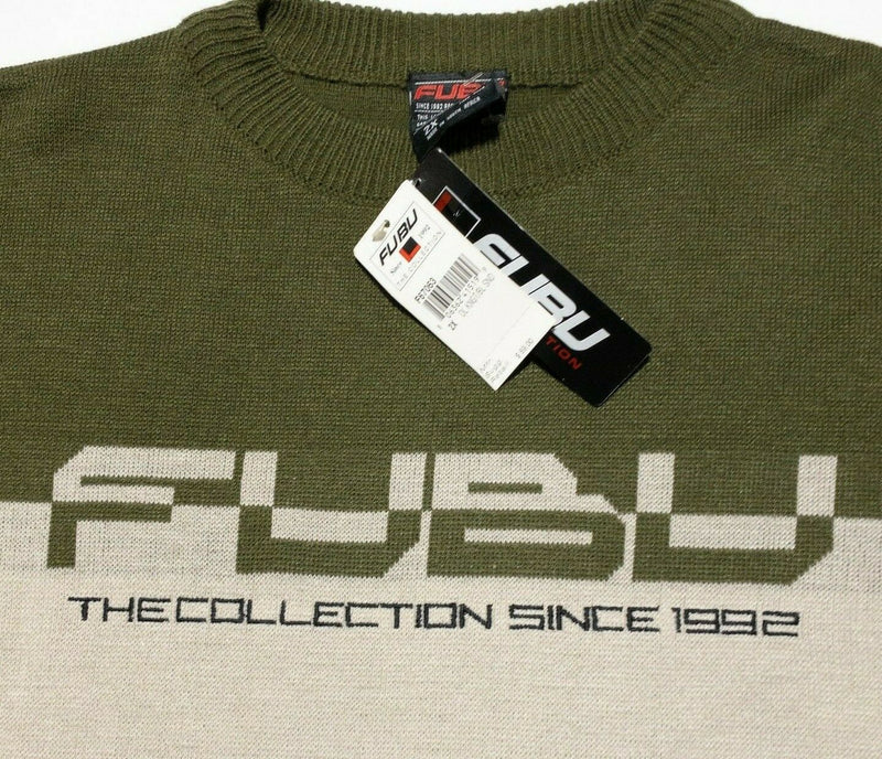 FUBU Men's 2XL The Collection Olive Green Biege Colorblock 90s Hip Hop Sweater
