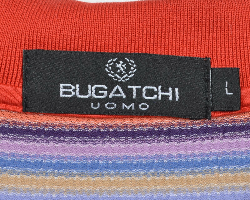 Bugatchi Uomo Men's Sz Large Striped Purple Yellow Blue Orange S/S Polo Shirt