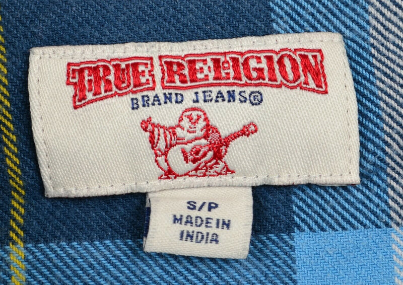 True Religion Men Large Pearl Snap Blue Plaid Western Rockabilly Flannel Shirt
