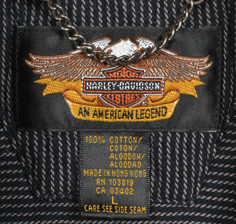Harley-Davidson Men's Large Snap-Front Black Gray Striped Mechanic Biker Shirt