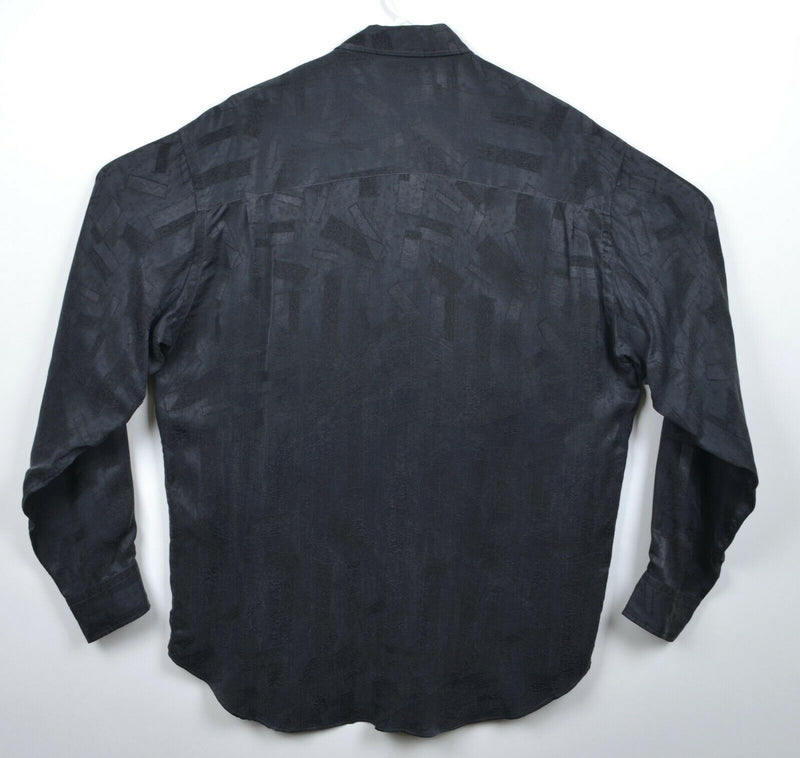 Bernini Men's Sz Medium Black Silk Style Geometric Shiny Textured Camp Shirt