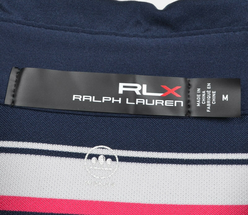 RLX Ralph Lauren Men's Sz Medium Wicking Navy Blue Pink Striped Golf Polo Shirt