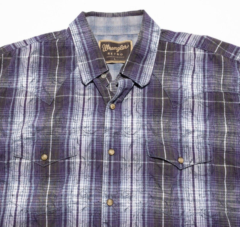 Wrangler Retro Pearl Snap Shirt Men's Large Paisley Plaid Purple Brown Western