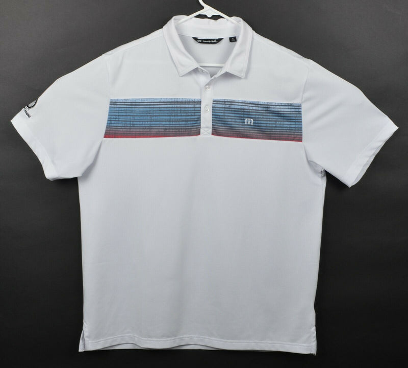 Travis Mathew Men's XL Striped White Blue Red Polyester Spandex Golf Polo Shirt