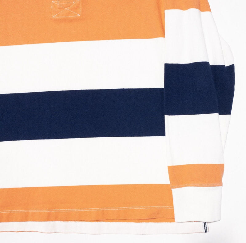Lands' End Rugby Shirt Large Mens Polo Chunky Stripe Orange Blue Long Sleeve 90s