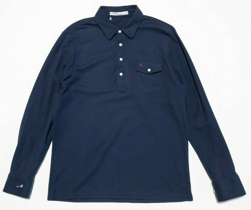 Criquet Long Sleeve Polo Shirt Pocket Solid Navy Blue Collared Men's Large