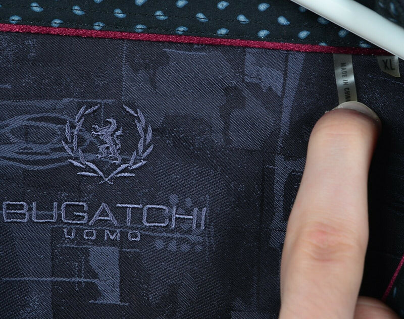 Bugatchi Uomo Men's XL Shaped Fit Flip Cuff Black Gray Geometric Abstract Shirt