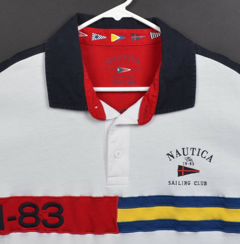 Nautica Men's Sz XL Sailing Club White Stripe Flag Embroidered Polo Rugby Shirt