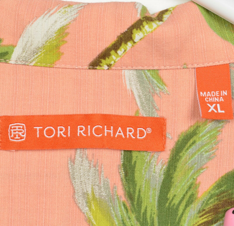 Tori Richard Men's XL Silk Blend Peach Pink Floral Palm Tree Hawaiian Camp Shirt