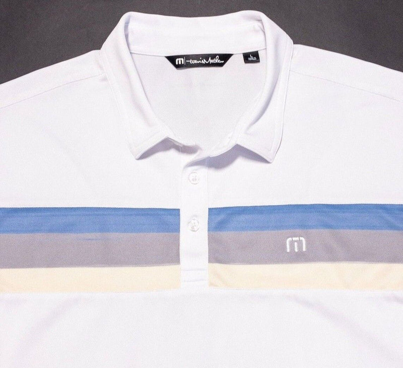 Travis Matthew Large Polo Men's Golf Shirt White Chest Stripe Wicking Polyester