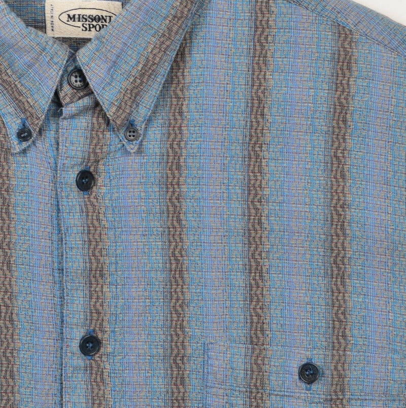 Vintage Missoni Sport Men's Large Blue Striped Geometric Italy Button-Down Shirt